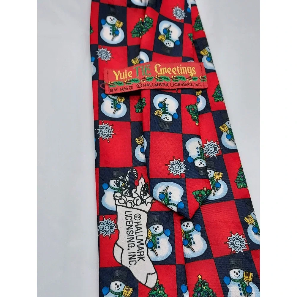 Hallmark Yule Tie Greetings Mens Christmas Snowman Tree Red Navy Blue Silk Tie